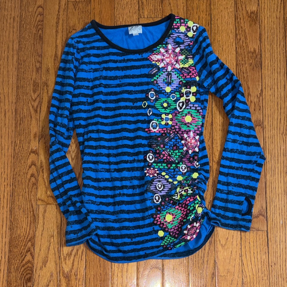 Blue Striped Long Sleeve Top with Floral Accents
